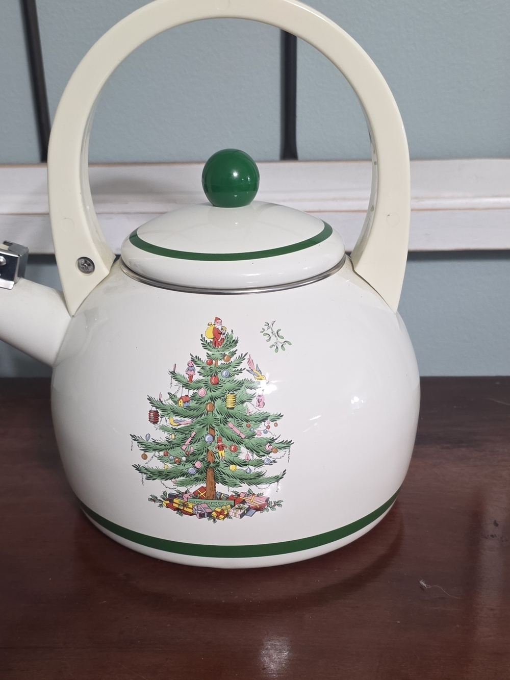 Spode White Teapot with Green Trim and Holiday Tree